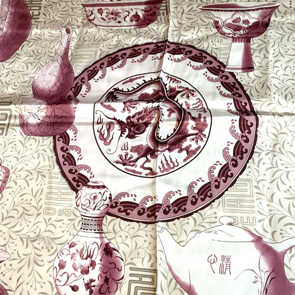 Large Silk Scarf 42 in square NWT silky Asian red pink teapots vessels vases - Picture 4 of 11